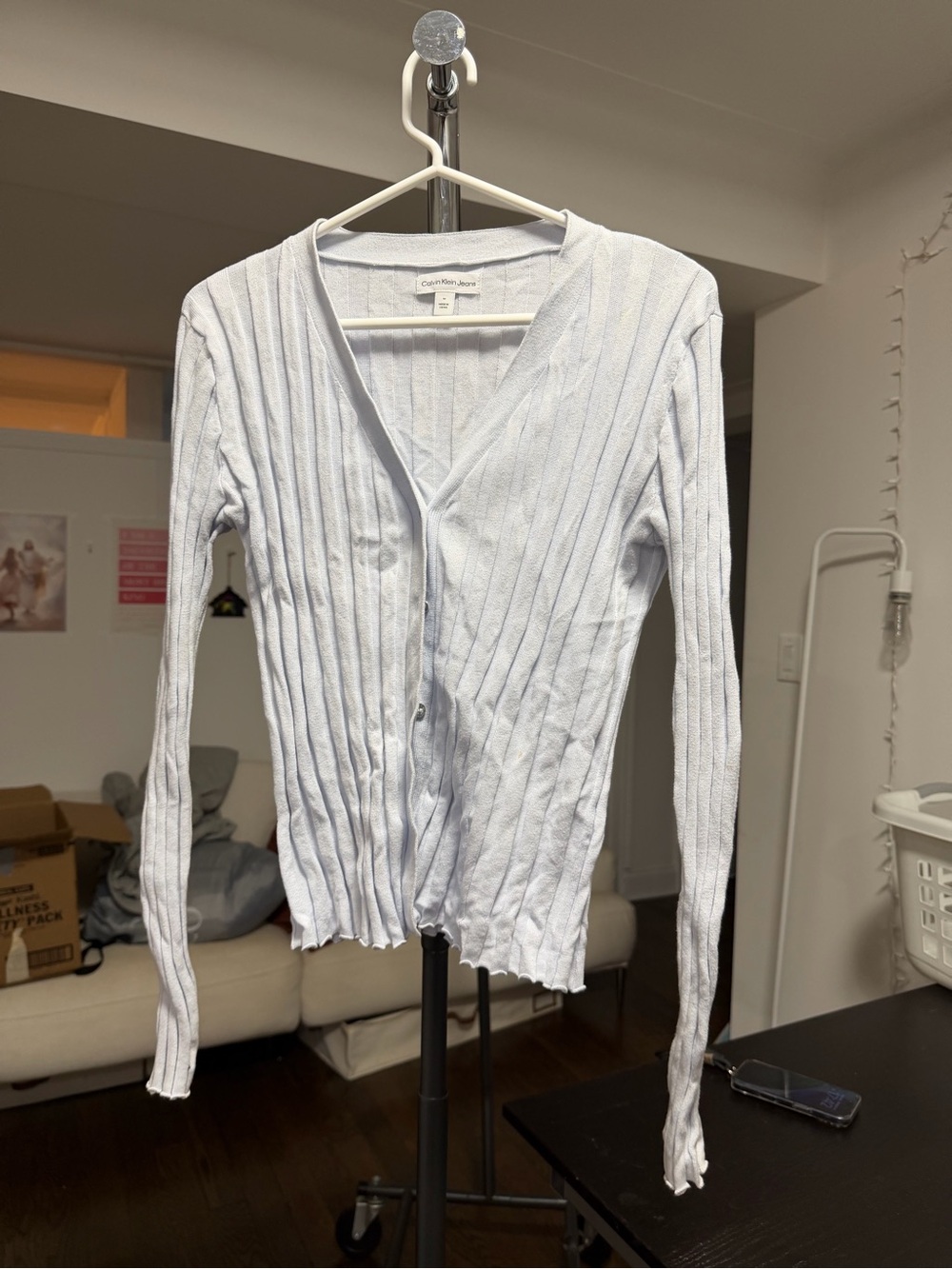 Calvin Klein Pale Blue Ribbed Button-Up Cardigan